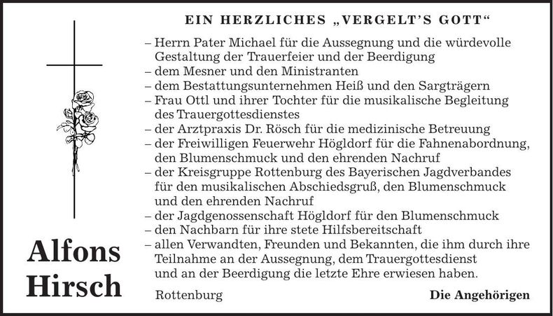 Traueranzeige Alfons Hirsch