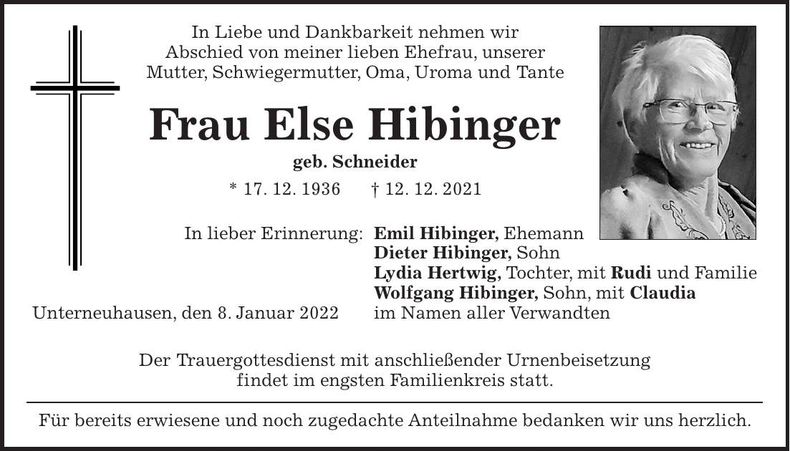 Traueranzeige Else Hibinger