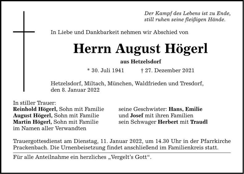 Traueranzeige August Högerl