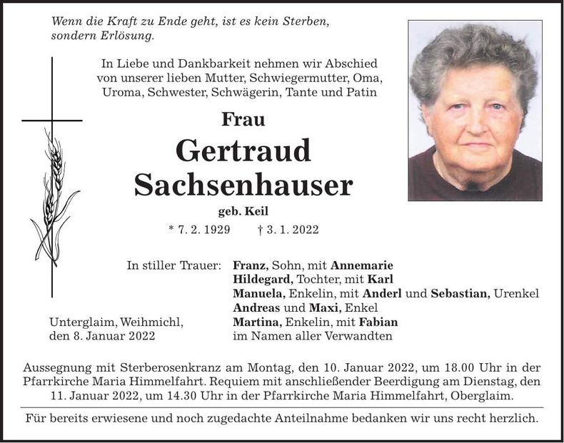 Traueranzeige Getraud Sachsenhauser