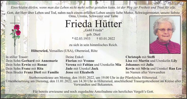 Traueranzeige Frieda Hütter