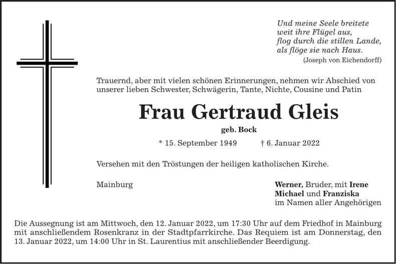 Traueranzeige Gertraud Gleis