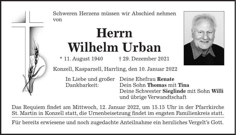 Traueranzeige Wilhelm Urban