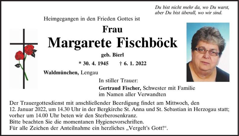 Traueranzeige Margarete Fischböck