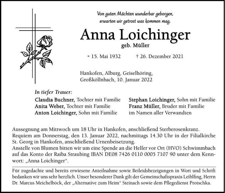Traueranzeige Anna Loichinger