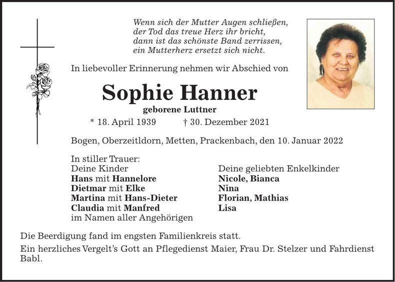 Traueranzeige Sophie Hanner