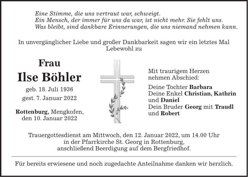 Traueranzeige Ilse Böhler