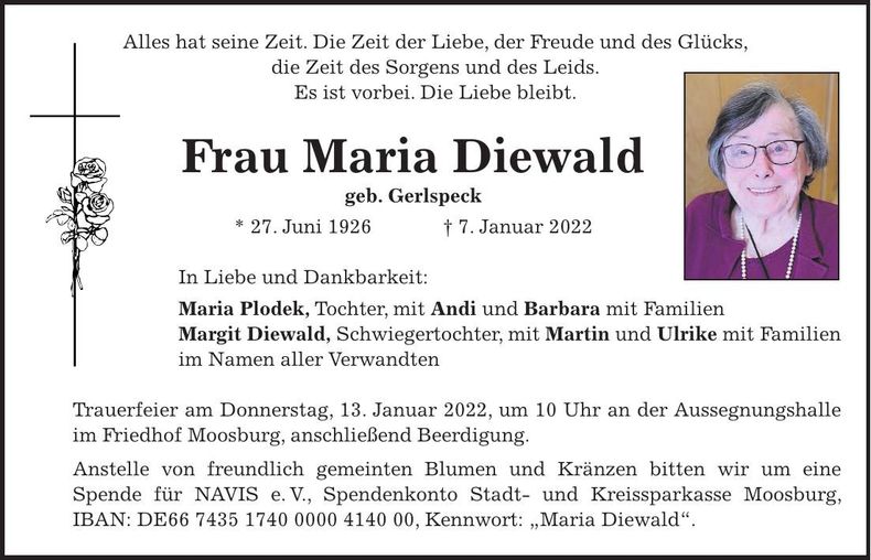 Traueranzeige Maria Diewald