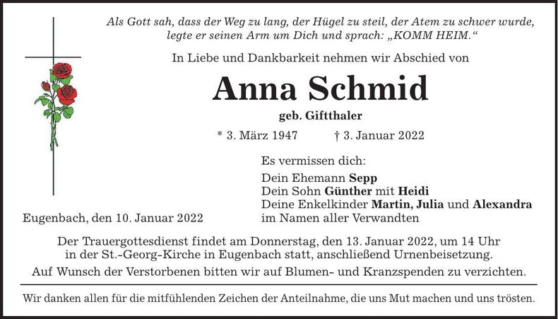Traueranzeige Anna Schmid