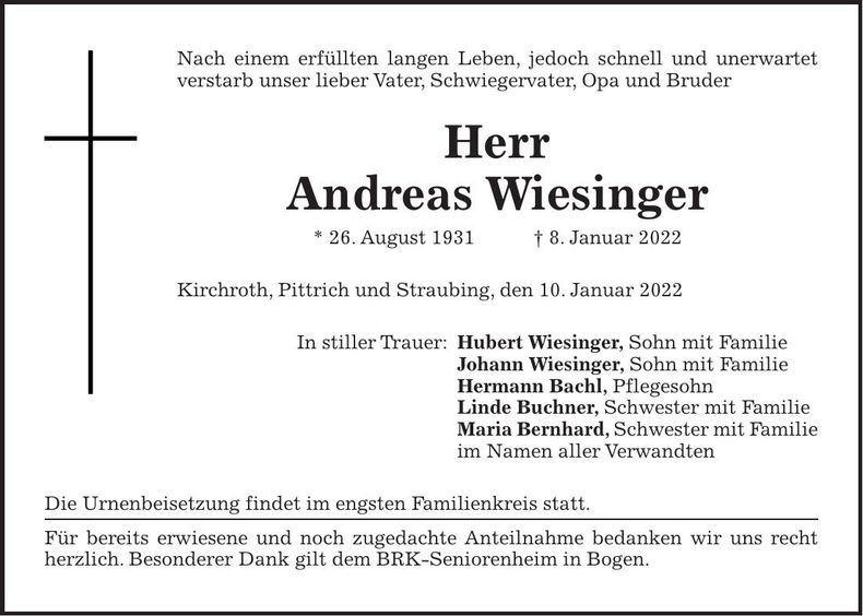 Traueranzeige Andreas Wiesinger