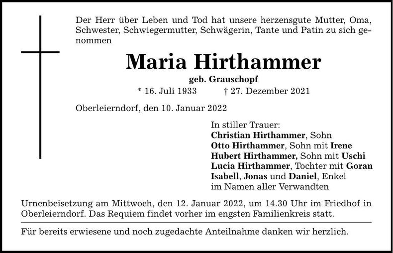 Traueranzeige Maria Hirthammer