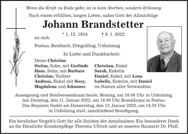 Traueranzeige Johann Brandstetter