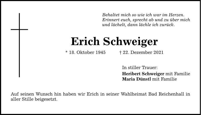 Traueranzeige Erich Schweiger