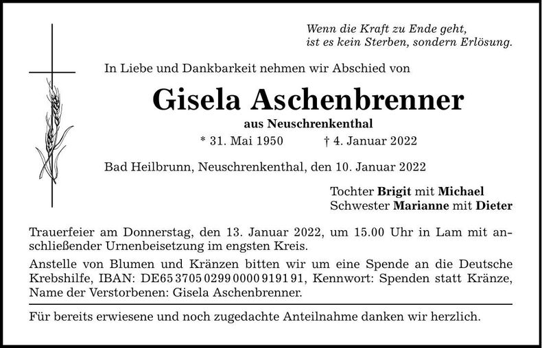 Traueranzeige Gisela Aschenbrenner