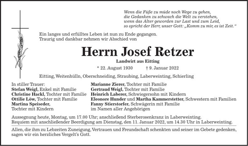 Traueranzeige Josef Retzer