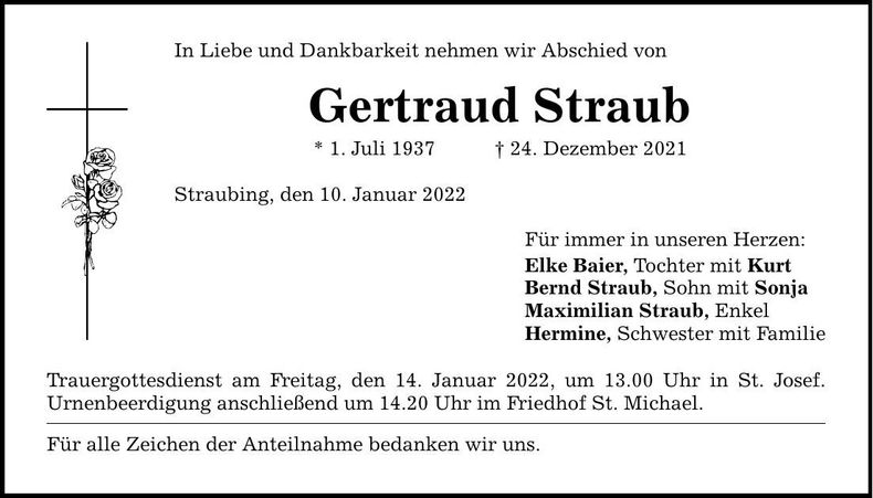 Traueranzeige Gertraud Straub
