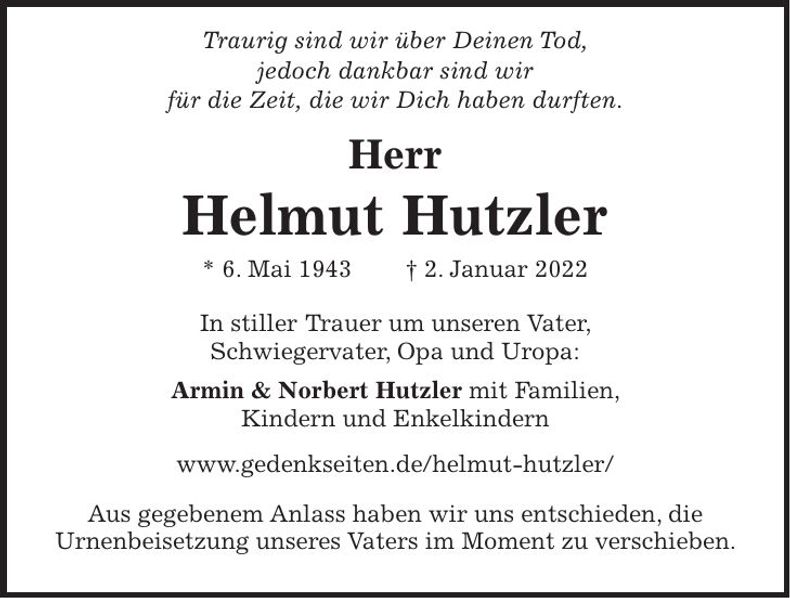 Traueranzeige Helmut Hutzler