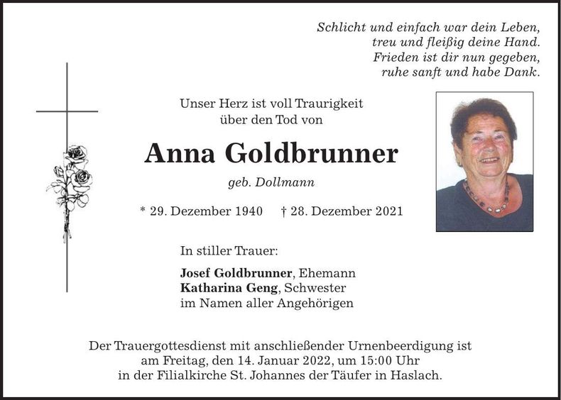 Traueranzeige Anna Goldbrunner
