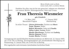 Traueranzeige Theresia Wiesmeier