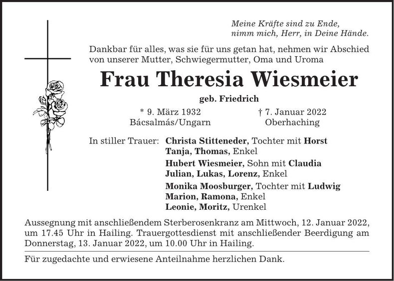 Traueranzeige Theresia Wiesmeier