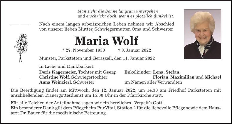 Traueranzeige Maria Wolf