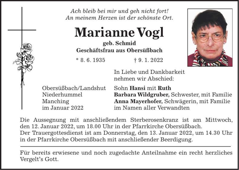Traueranzeige Marianne Vogl