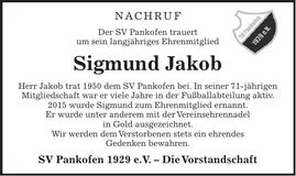 Traueranzeige Sigmund Jakob