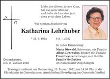 Traueranzeige Katharina Lehrhuber