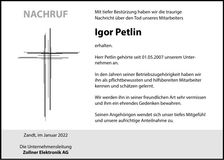 Traueranzeige Igor Petlin