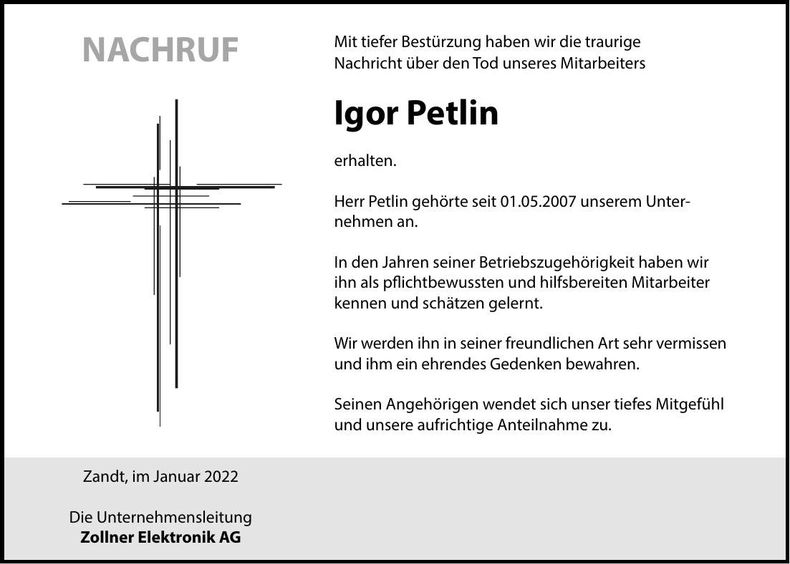Traueranzeige Igor Petlin