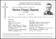 Traueranzeige Franz Hamm