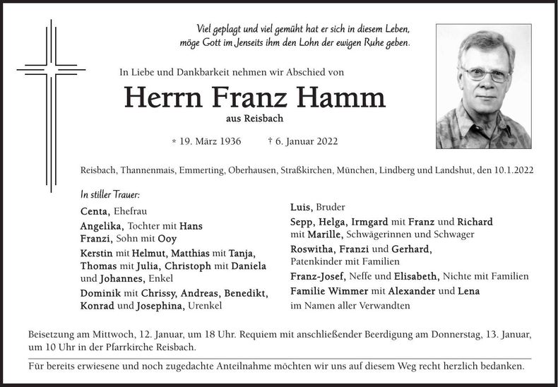 Traueranzeige Franz Hamm