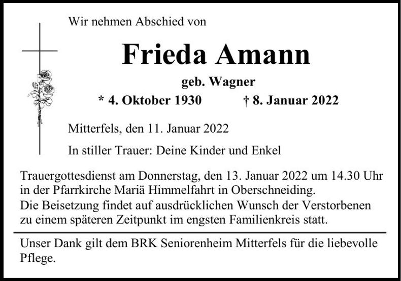 Traueranzeige Frieda Amann