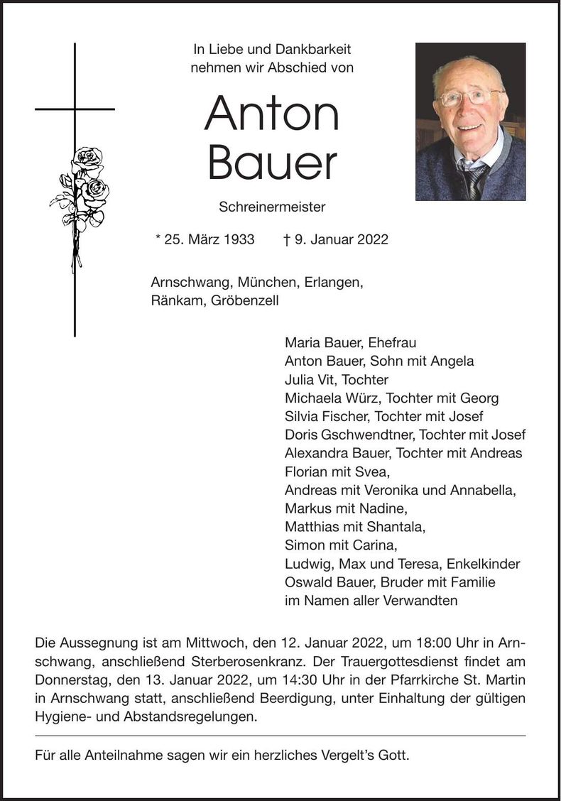 Traueranzeige Anton Bauer