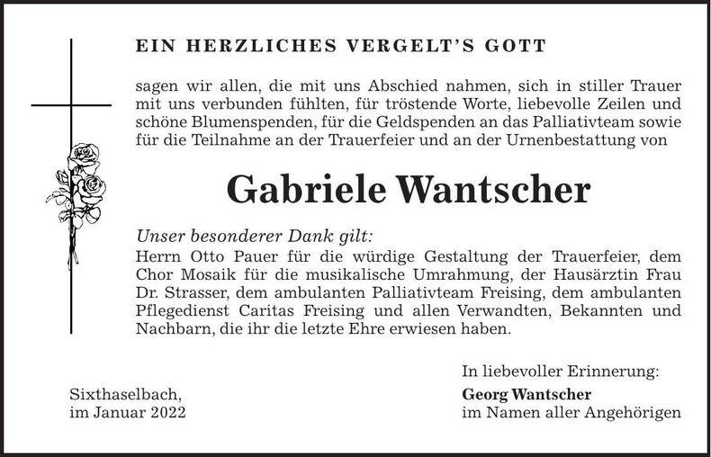 Traueranzeige Gabriele Wantscher