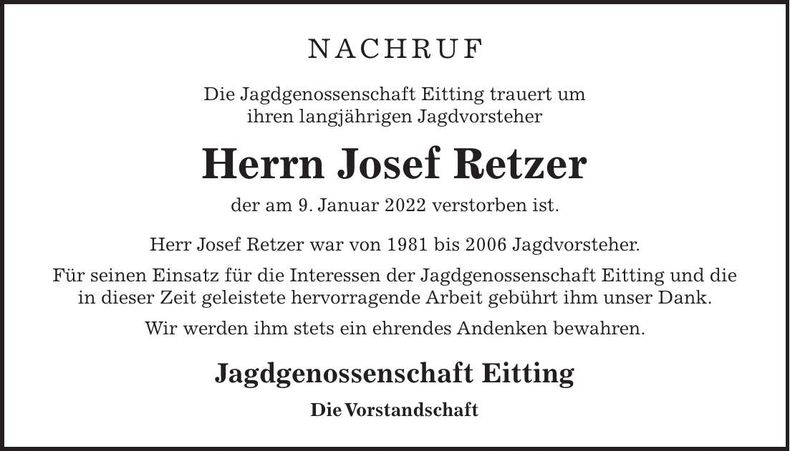 Traueranzeige Josef Retzer