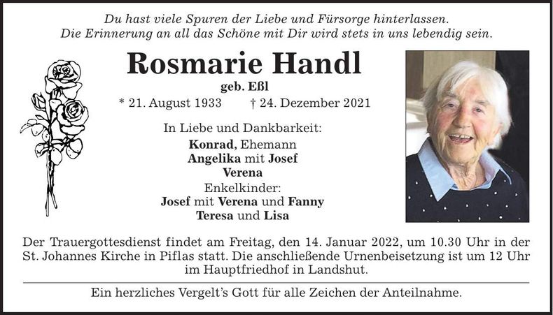 Traueranzeige Rosmarie Handl