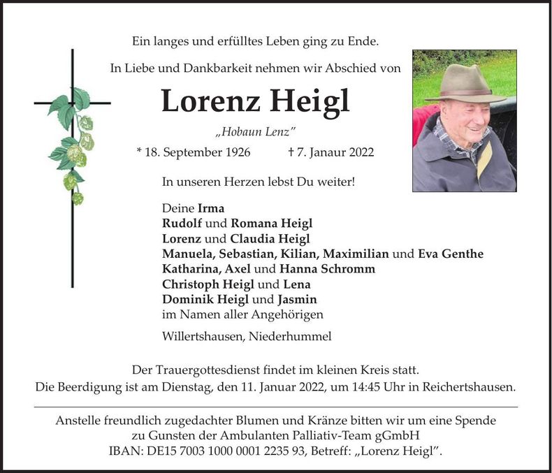 Traueranzeige Lorenz Heigl