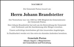Traueranzeige Johann Brandstetter