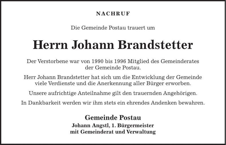 Traueranzeige Johann Brandstetter