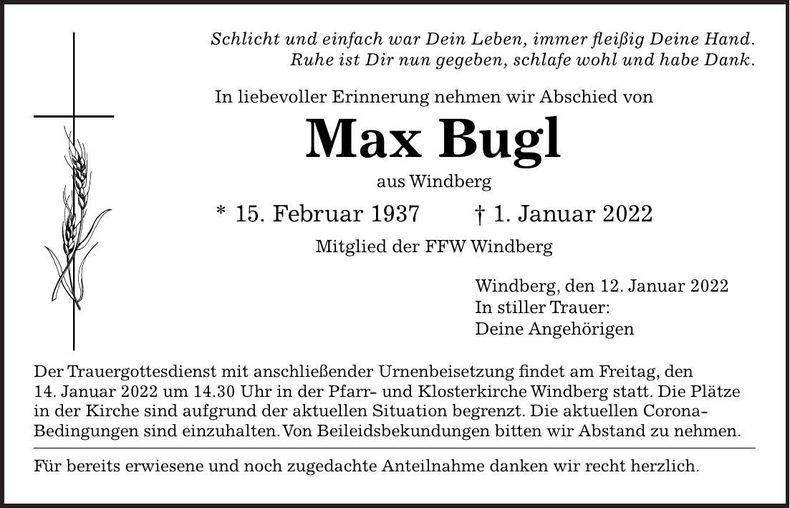 Traueranzeige Max Bugl