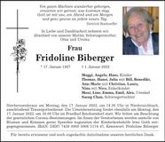 Traueranzeige Fridoline Biberger