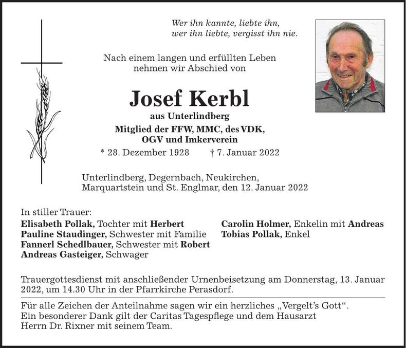 Traueranzeige Josef Kerbl