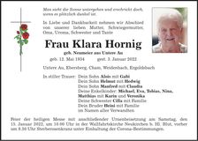 Traueranzeige Klara Hornig
