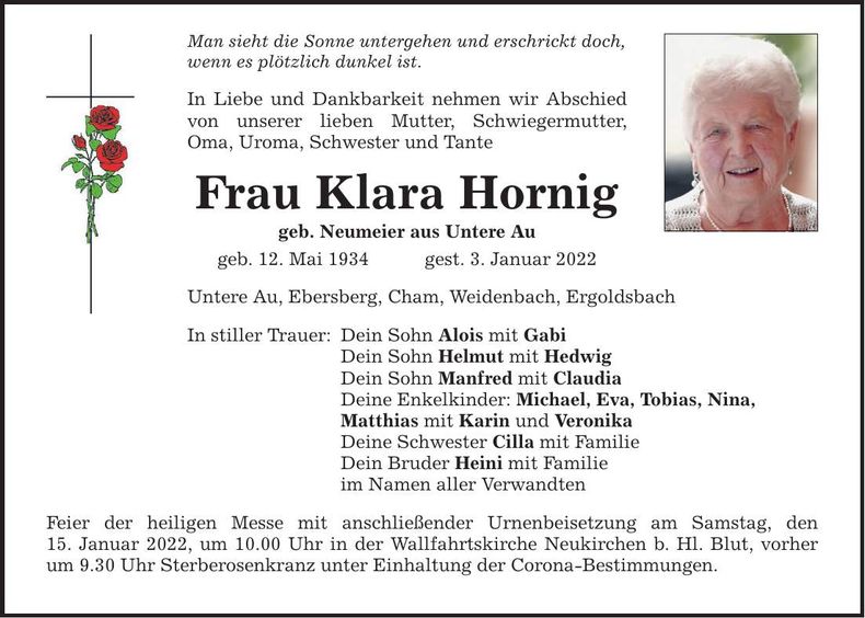 Traueranzeige Klara Hornig