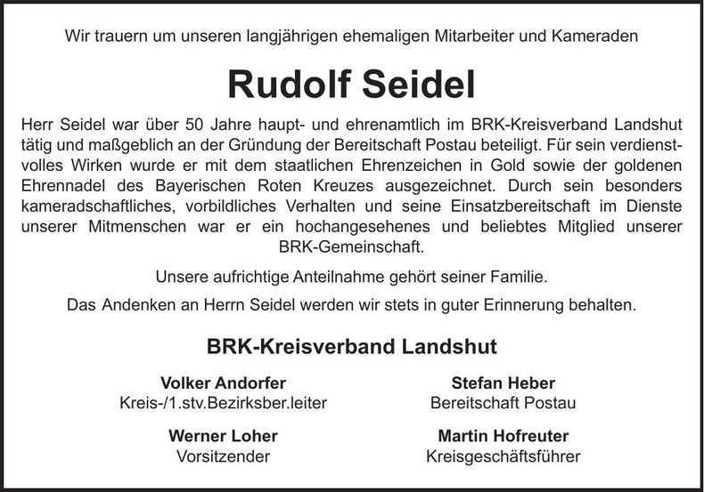 Traueranzeige Rudolf Seidel