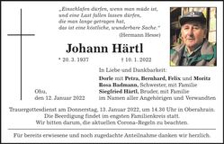 Traueranzeige Johann Härtl