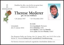 Traueranzeige Therese Mederer