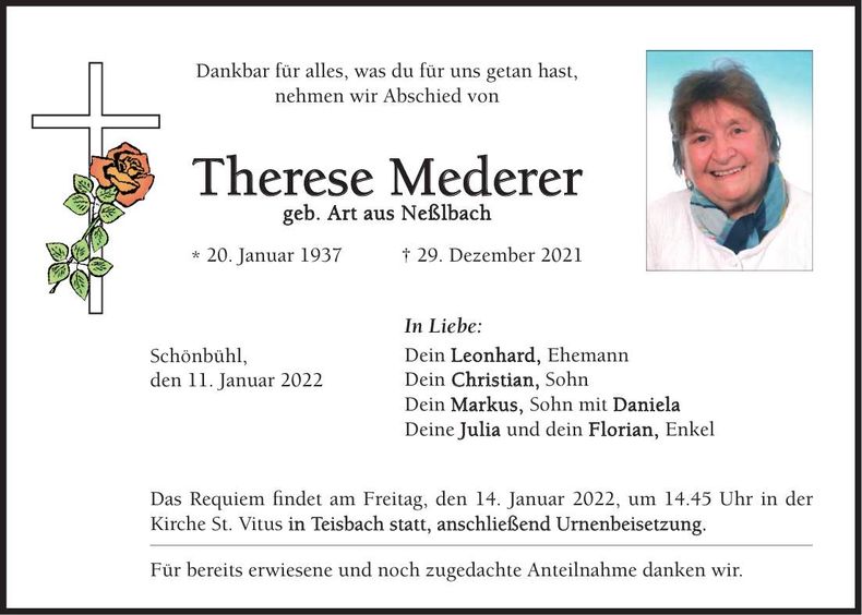Traueranzeige Therese Mederer