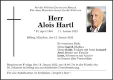Traueranzeige Alois Hartl